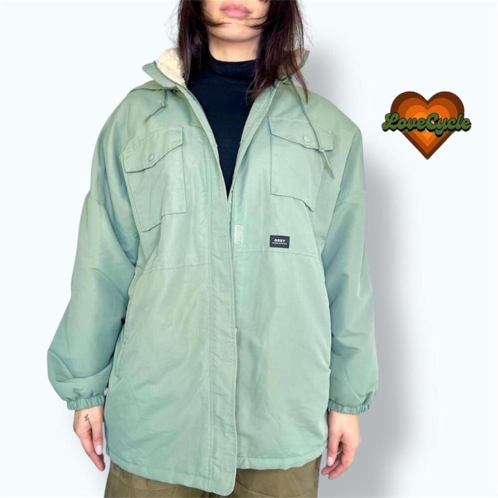 Unisex Obey Montaigne Oversized Sage Green Parka with Hidden Hood – Size M